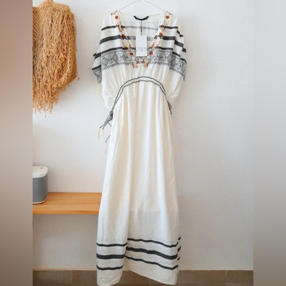 ZARA EMBROIDERED COTTON LONG DRESS NWT
